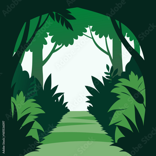 silhouette Tranquil woodland walkway framed by lush foliage on a white background
