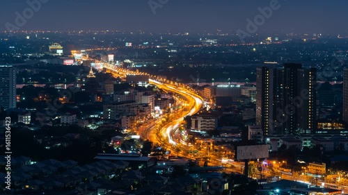 4K UHD Time-lapse Busy highway Modern city Traffic with neon lights travel in thailand, timelapse of traffi car in Bangkok, Urban transport lifestyle, Asian city life. High angle