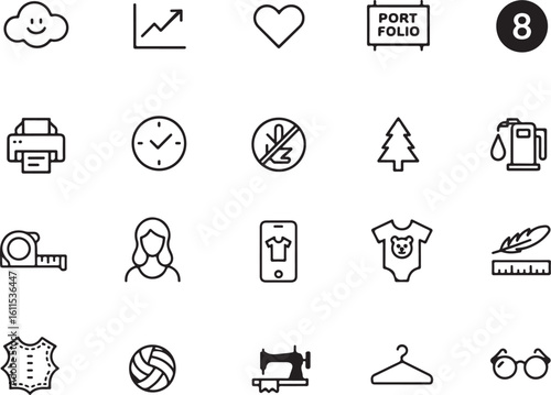 Diverse Icon Set Showcasing Varied Themes Cloud Graph Heart Portfolio Number Printer Woman Clothing Sewing and Miscellaneous Objects