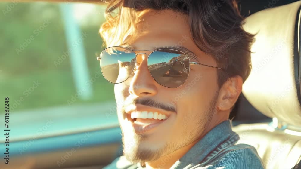 Young male driving a car with sunglasses and hair slicked back. Happy expression on his face, enjoying the ride. Young male driving a car with sunglasses and hair slicked back. Happy expression on his face, enjoying the ride.