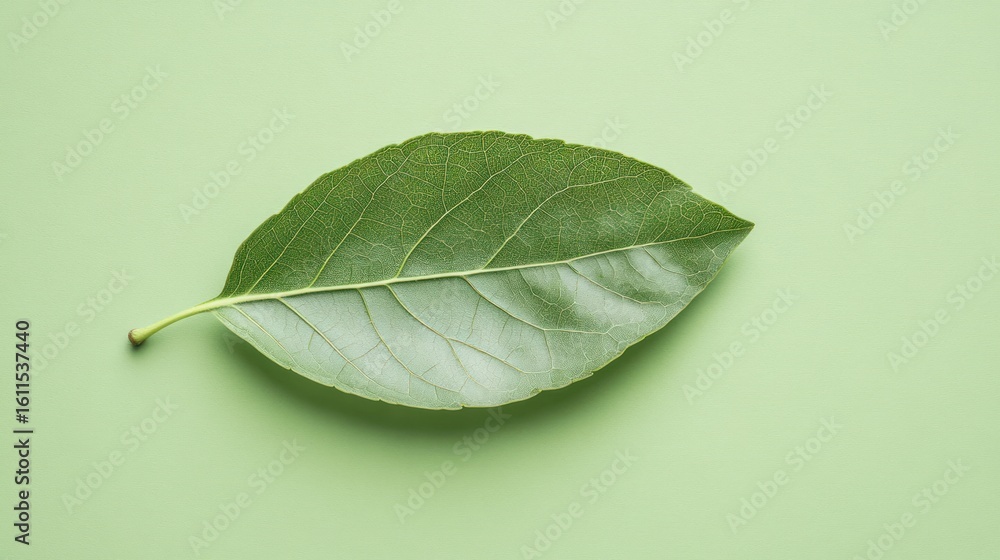 Obraz premium Single green leaf on a light green background.