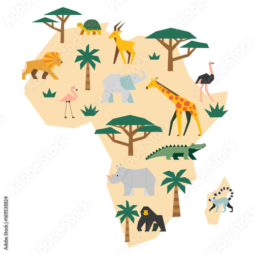 Africa map with safari animals, vector illustration of jungle wildlife including giraffe, elephant, lion, rhino, crocodile, ostrich, flamingo. Flat cartoon poster for kids and education.