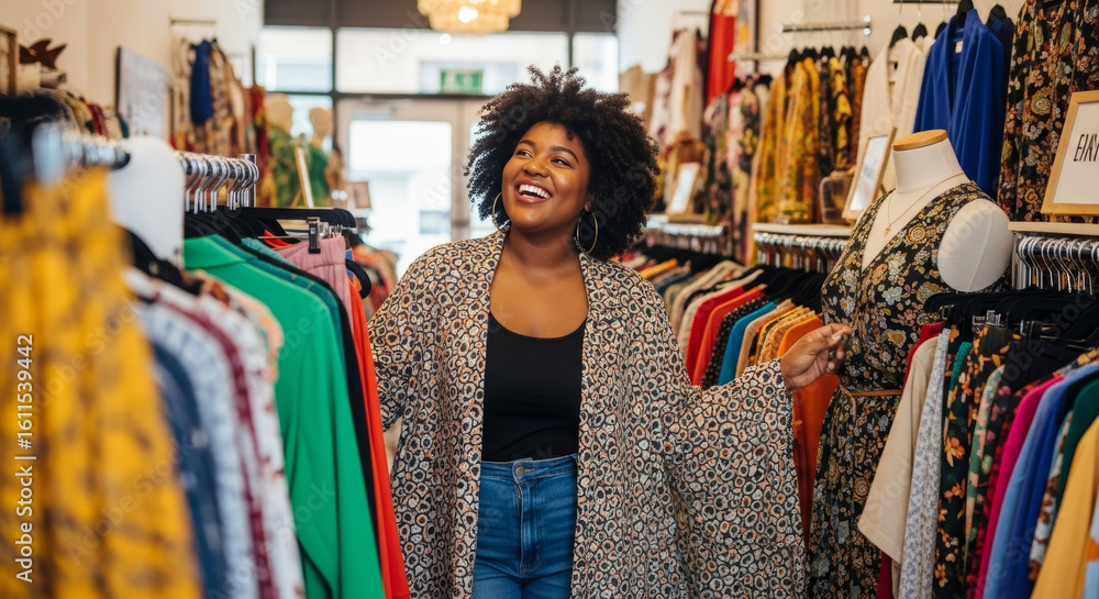 Obraz premium A happy plus-size Black woman with natural hair smiling broadly while Browse clothing racks in a vibrant and stylish fashion boutique.