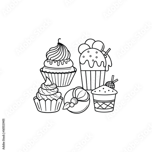 Collection of sweet dessert outlines on a white background