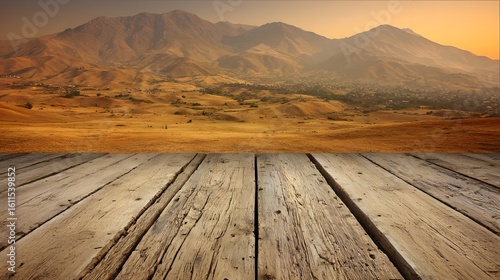 Wallpaper Mural Rustic wooden planks set against a vast desert landscape with a mountain range. Torontodigital.ca