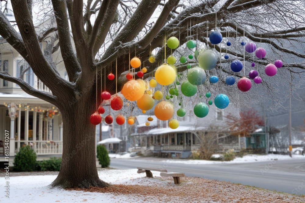 Fototapeta premium Inclusive Holiday Tree with Rainbow Ornaments on Snowy Ground – Diversity Celebration with Sky Space for Text