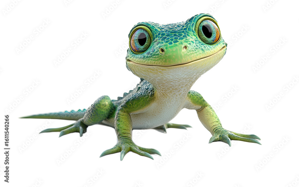 Fototapeta premium Cute green lizard with big eyes isolated on white background