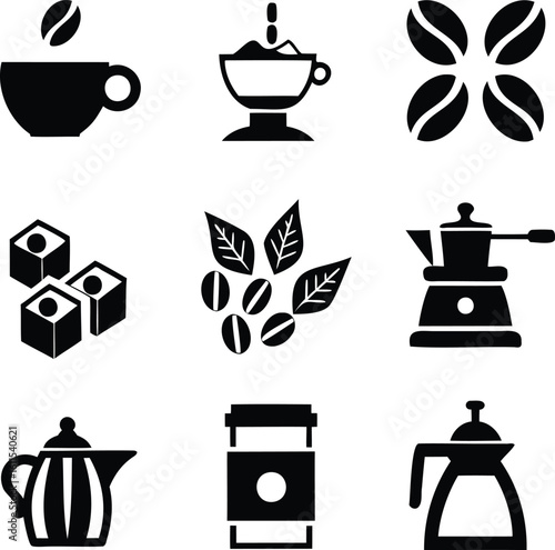 Silhouettes of coffee-related items including beans, cups, sugar cubes, and brewing tools