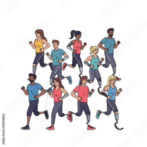 Diverse group of runners with prosthetic legs exercising together