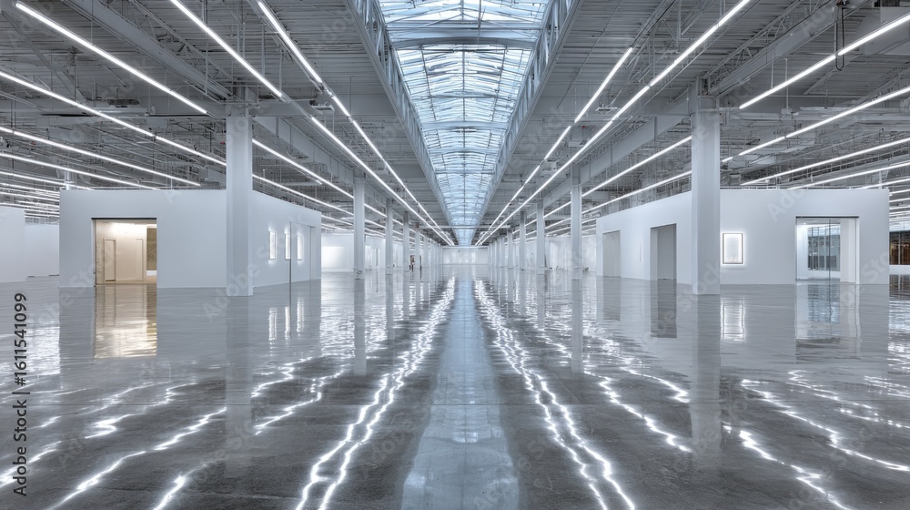 Obraz premium Modern Architectural Marvel: The interior perspective of a pristine, modern architectural space, characterized by clean lines, and minimalist design, showcasing a long, reflective floor. 