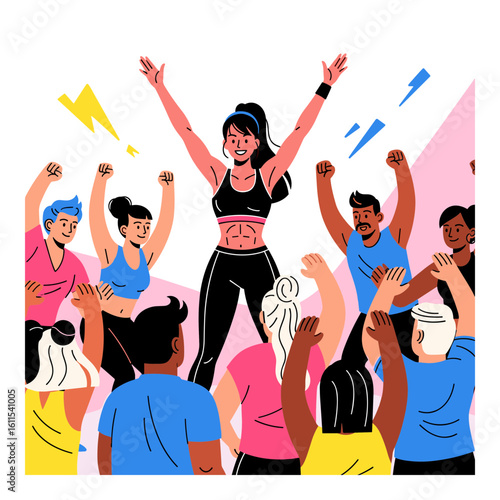 Fitness instructor leading a cheering group exercise class
