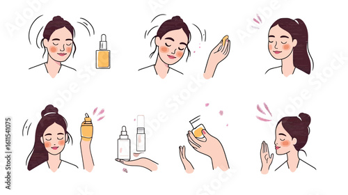 Woman facial care routine with serum oil application and moisturizing skin treatment steps flat vector illustration set