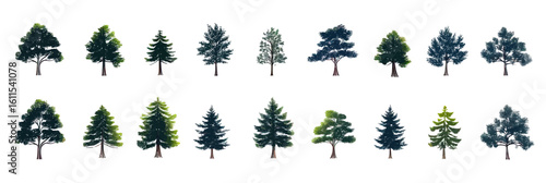 Collection of twenty different flat minimalist evergreen trees and conifer forest tree illustrations isolated on white background with various shapes and shades of green foliage