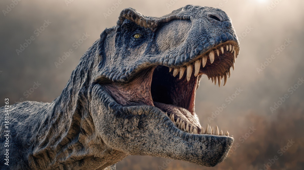 Naklejka premium Close-up of a dramatic roaring dinosaur with sharp teeth