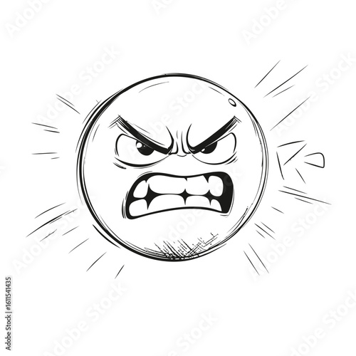 Hand drawn angry face emoji with furrowed brows and clenched teeth expressing intense frustration and rage in black sketch style vector illustration