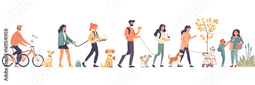 Diverse people walking dogs biking pet owners dog walking outdoor activities flat minimalist vector illustration
