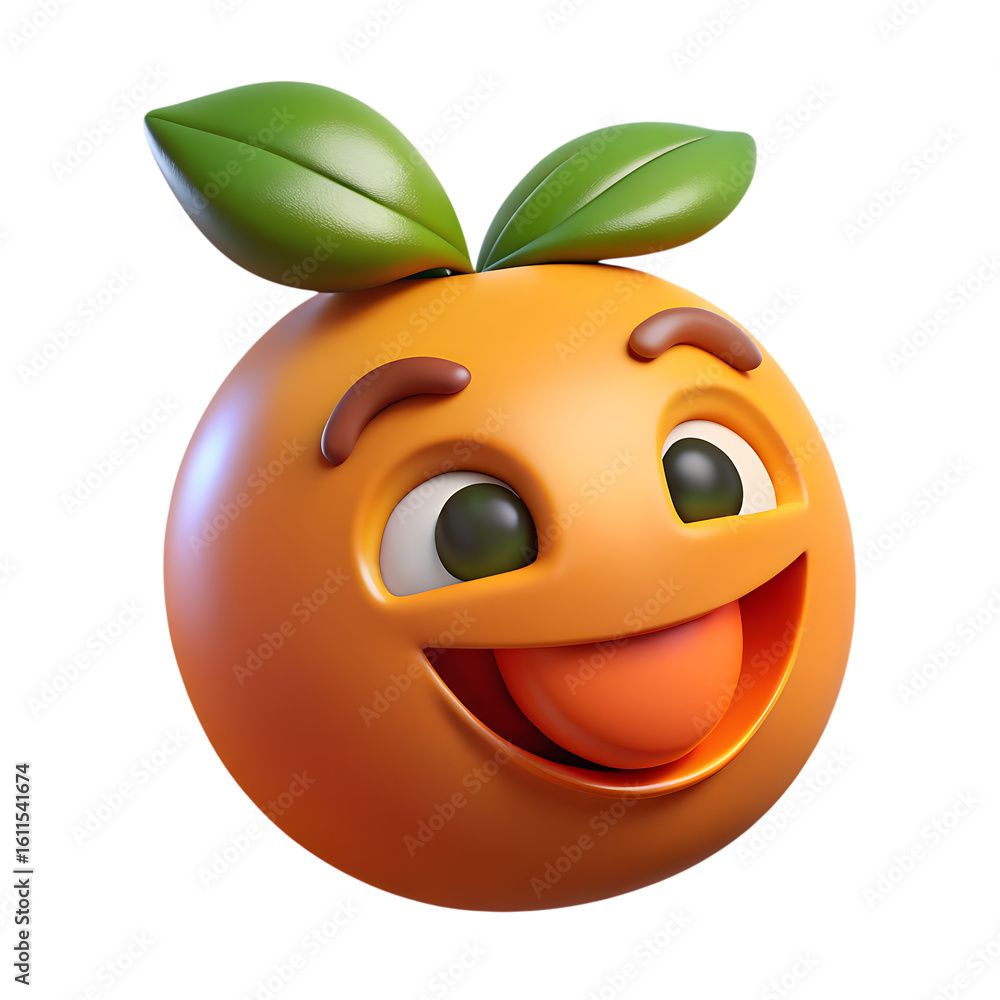 Obraz premium Cheerful 3D plastic style cartoon orange character with green leaves isolated on transparent background