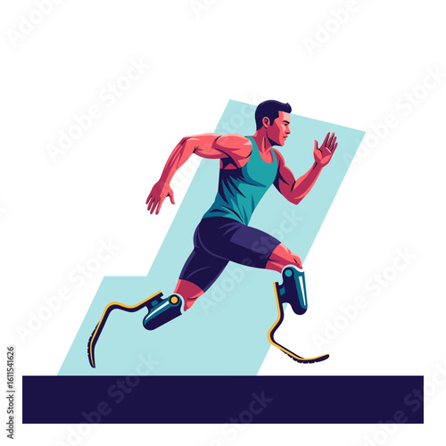 Paralympic athlete running with prosthetic legs in dynamic pose