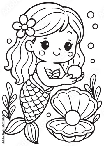 Coloring book mermaid holding a big pearl from an open clam under the sea.