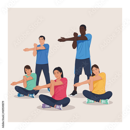 Diverse group stretching together indoors.
