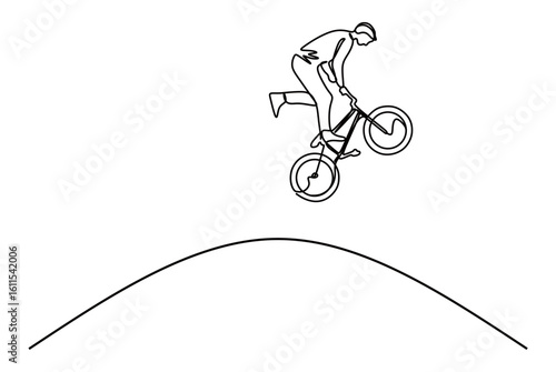 Continuous line art of a man performing and stunting on his bicycle. High jumps and falls from a height, the concept of showing off his cycling skills.