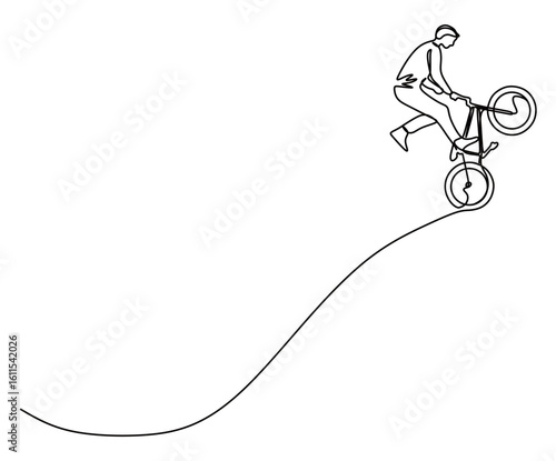 Continuous line art of a man performing and stunting on his bicycle. High jumps and falls from a height, the concept of showing off his cycling skills.