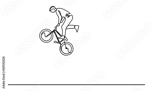 Continuous line art of a man performing and stunting on his bicycle. High jumps and falls from a height, the concept of showing off his cycling skills.