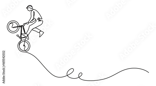 Continuous line art of a man performing and stunting on his bicycle. High jumps and falls from a height, the concept of showing off his cycling skills.