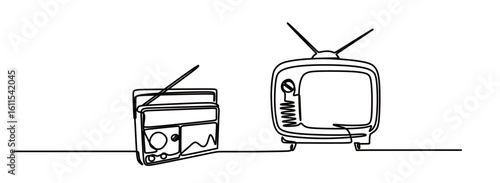 continuous line art of an old-fashioned TV and radio. a collection of antique electronic items.