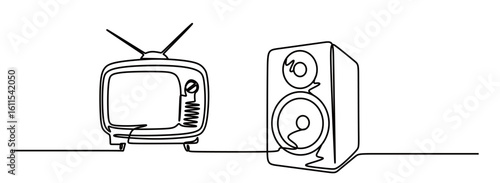 Continuous line art of an old TV and sound system. A collection of antique electronics.