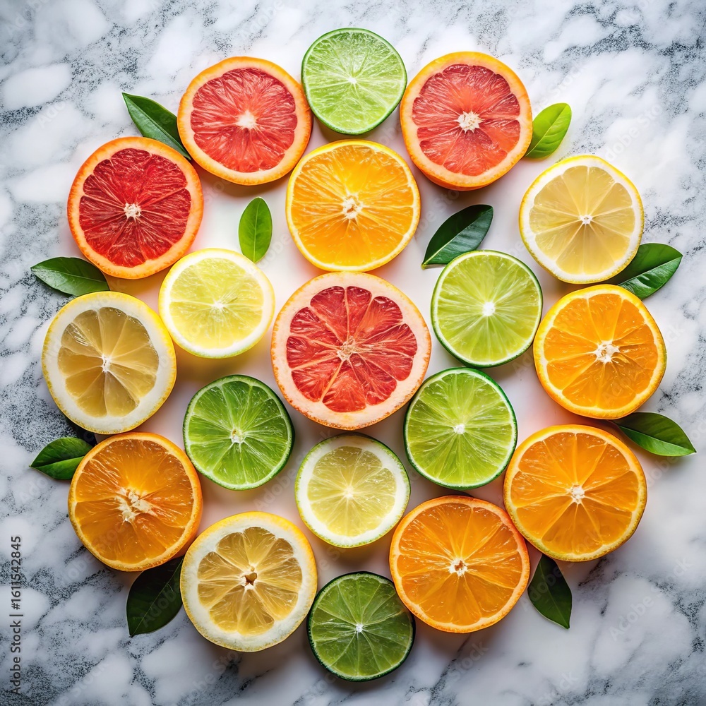 Obraz premium Assorted citrus fruits on marble background