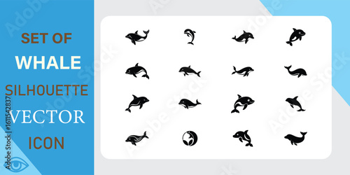 Collection of orca killer whale silhouettes in various poses and actions
