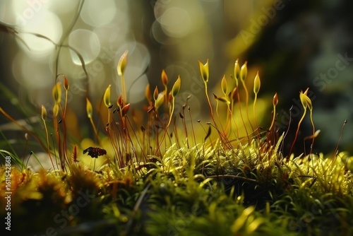 Close up of sporophytes growing on a bed of moss, illuminated by the sunlight filtering through the forest canopy