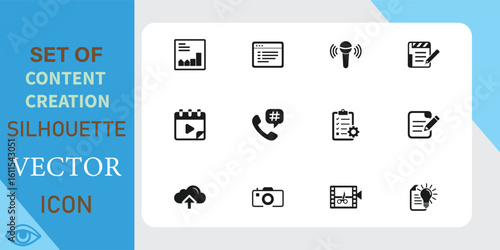 Set of content creation icons for digital media and business