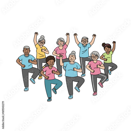 Diverse group of seniors exercising together in a fitness class