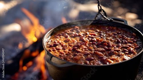 Cowboy style baked beans bacon brown sugar glaze and cast iron pot over a campfire
