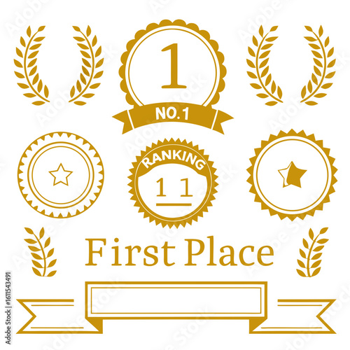 Collection of gold colored award ribbons laurels and badges with numbers trophy winner