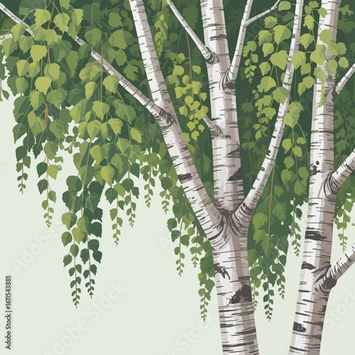 Birch tree trunks and green leaves illustration against a light green background