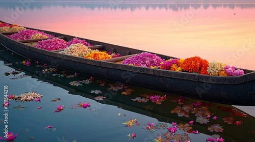 A traditional wooden boat filled with vibrant flowers floats on calm waters during the Onam festival in Kerala. The sky reflects soft pastel colors at dawn.