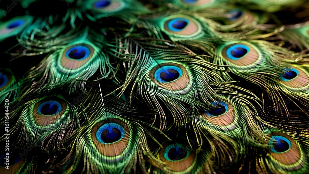 Obraz premium Peacock Feather Eyespots Close-Up Iridescent Green-Blue Plumage Texture Photo