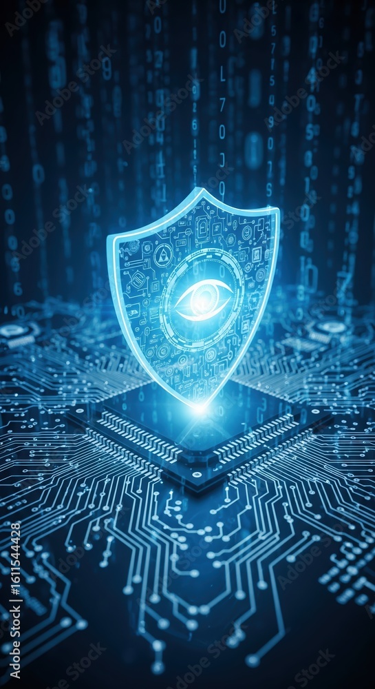 Fototapeta premium Cybersecurity Surveillance Eye Shield on Digital Circuit Board