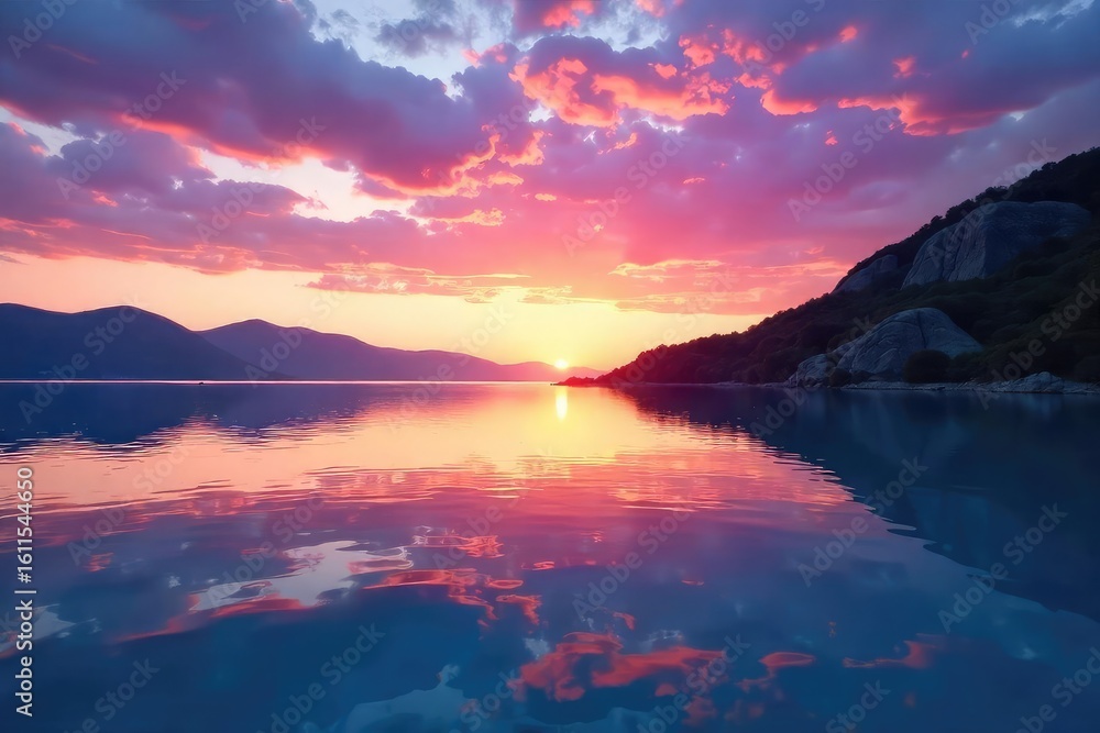 Naklejka premium Serene Europa Lagoon at sunset, reflecting the vibrant colors of the sky Tranquil waters, calm surface, idyllic landscape Perfect for travel, nature, and serenity themes , scenic, ripple, solitude