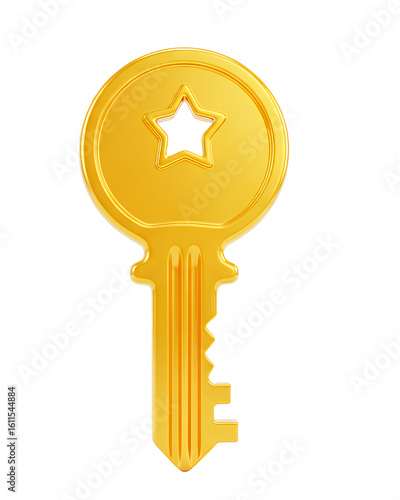 Golden key icon with star-shaped head and jagged teeth in realistic 3D design on transparent background