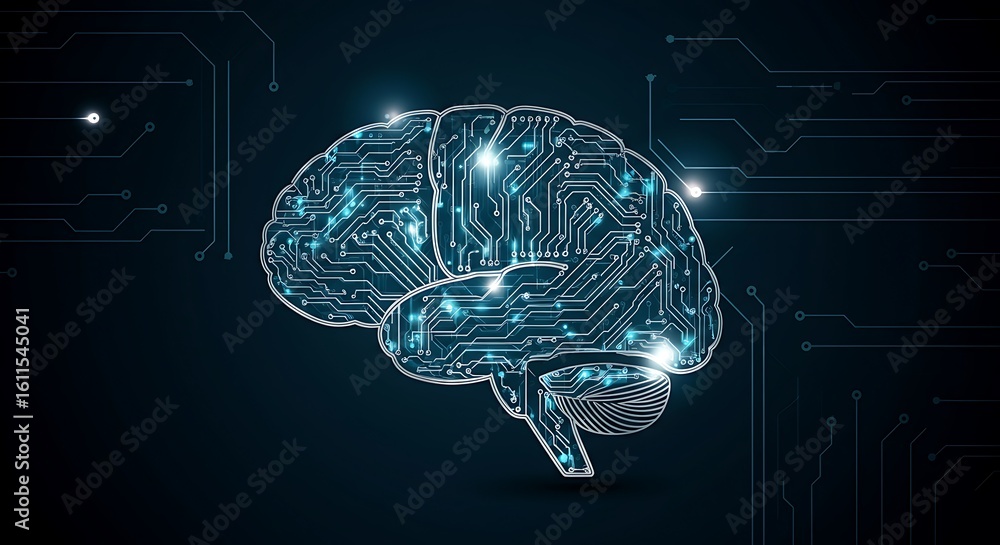 Fototapeta premium AI Brain Circuitry Concept for Artificial Intelligence Deep Learning and Future Technology Innovation showcasing digital connections and neural networks