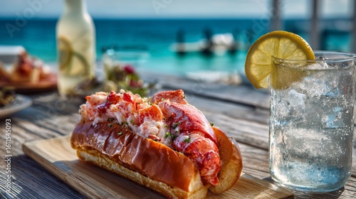 Fresh lobster roll a toasted buttered bun served with lemon wedge and sea breeze ambiance