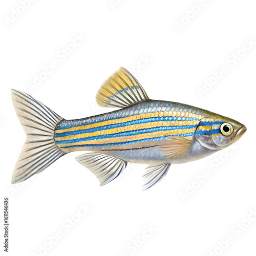 Realistic whole zebra danio fish with a slender body and horizontal blue-white stripes.