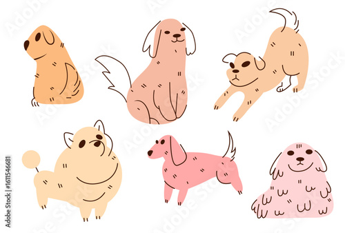 Cute dogs  vector set. Cartoon dog funny doodle characters design collection with flat color in different poses. Isolated on white background. Vector eps