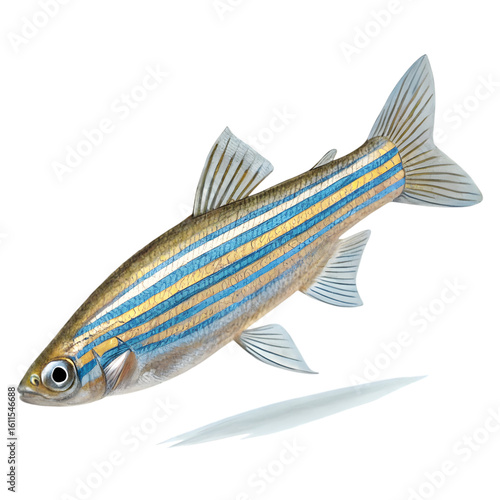 Realistic whole zebra danio fish with a slender body and horizontal blue-white stripes.