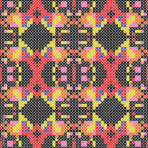 Vibrant Neon Cross-Stitch Geometric Pattern - Pixel Art Inspired Ethnic Seamless Background. seamless for textile, card, cover skin, Craft, Ornamental.