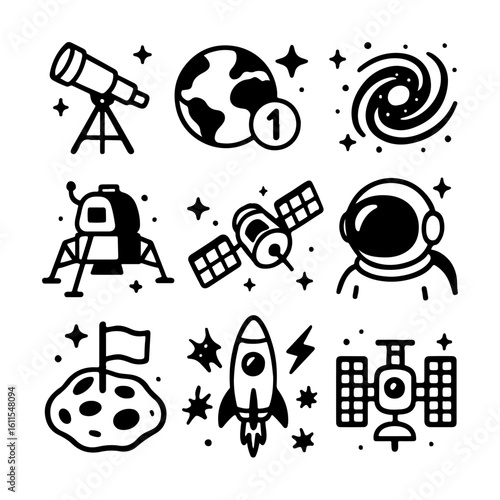 Set of 9 space icons in black and white doodle style. Includes rocket, astronaut, telescope, planet, satellite, moon landing and galaxy. Perfect for kids designs and educational use